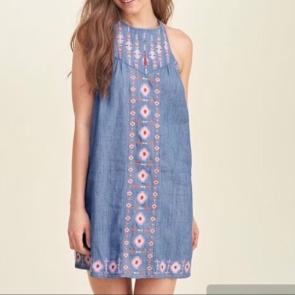 Hollister Dresses & Skirts - Hollister Chambray Boho Embroidered Halter Dress M